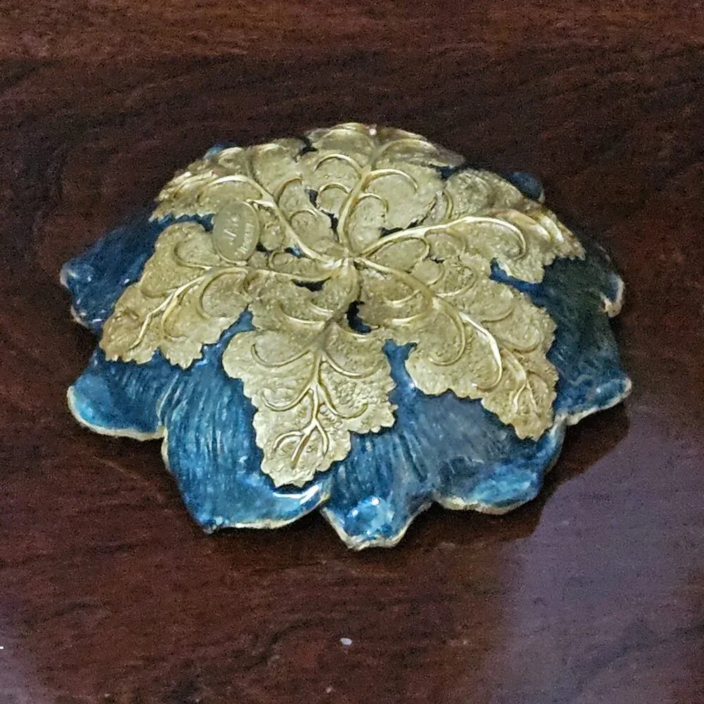 HANDSIGNED RARE JAY STRONGWATER BLUE FLOWER ENAMEL CRYSTAL JEWELRY TRAY DISH